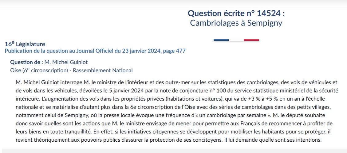 VOLS A SEMPIGNY: L'ASSEMBLÉE NATIONALE EN PARLE !