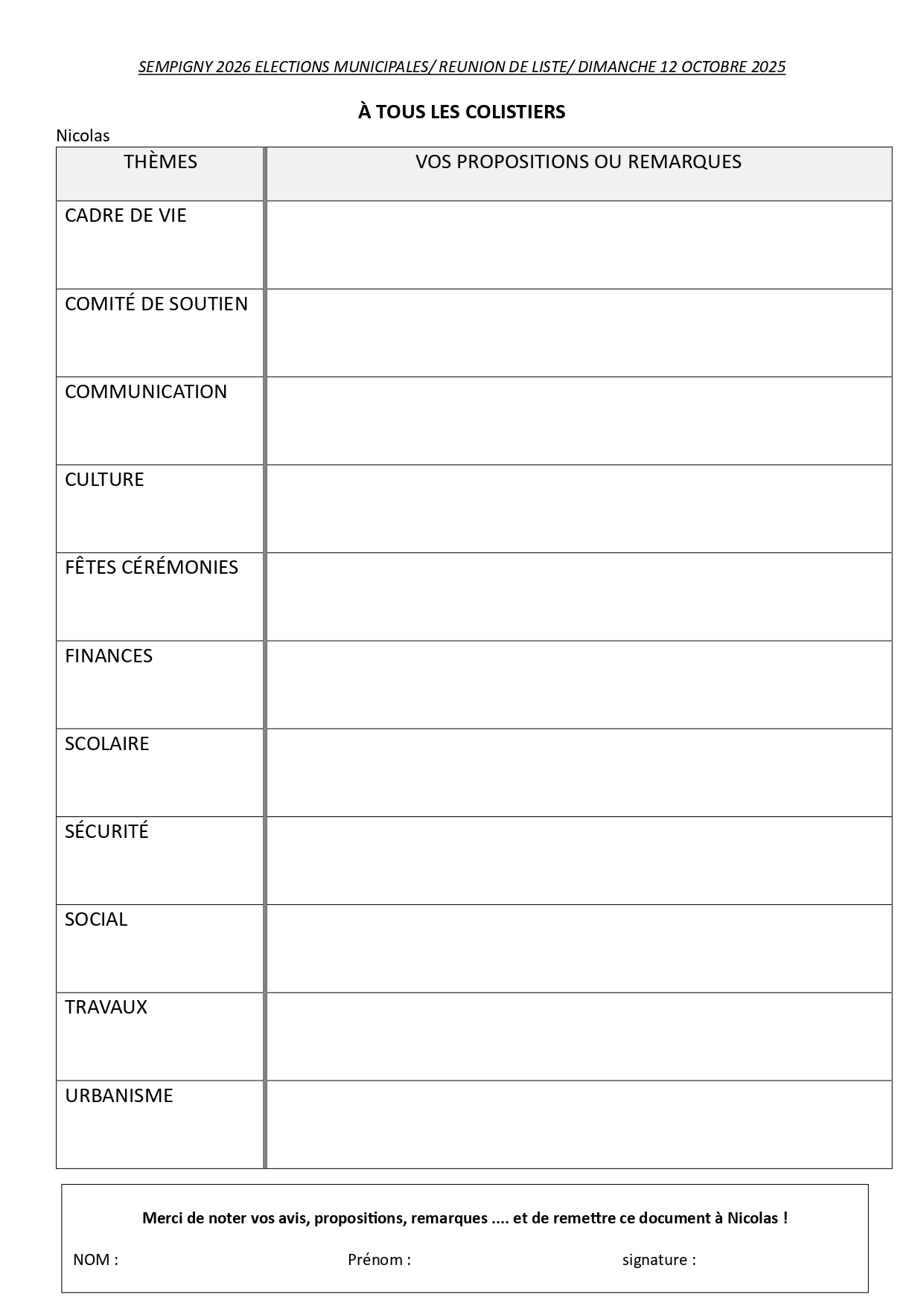  DOSSIER POUR NOS COLISTIERS !