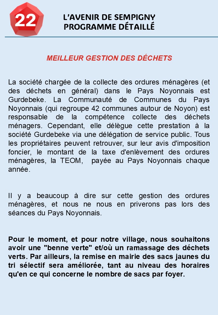 NOTRE PROGRAMME DÉTAILLÉ - FICHE 22: LA GESTION DES DÉCHETS
