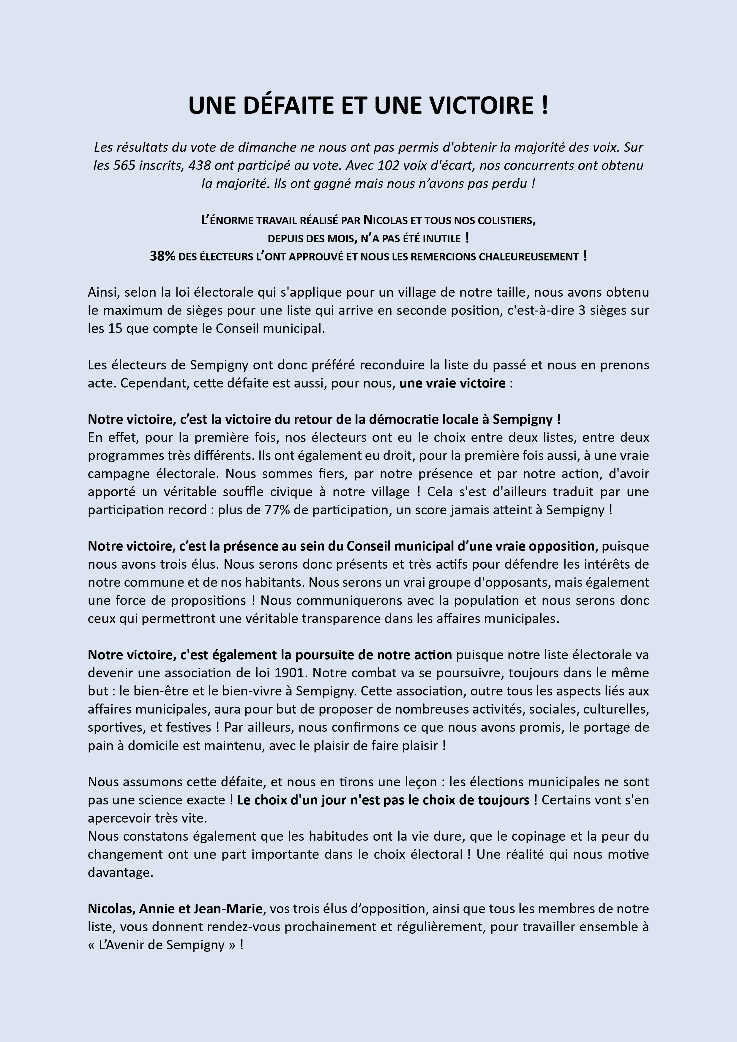 UNE DÉFAITE ET UNE VICTOIRE !