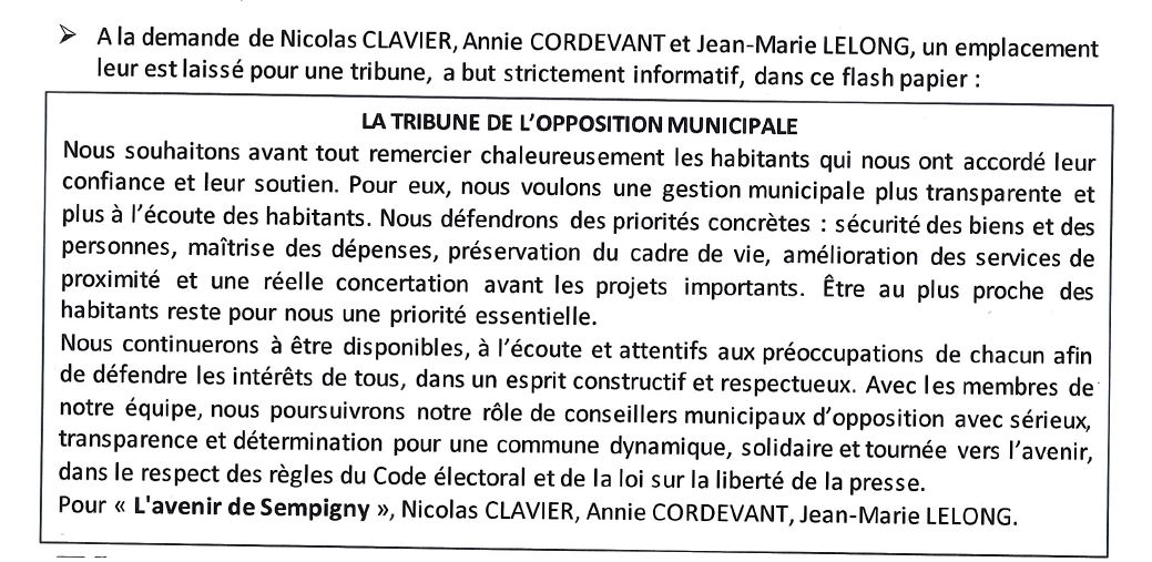 NOTRE TRIBUNE DANS LE BULLETIN MUNICIPAL