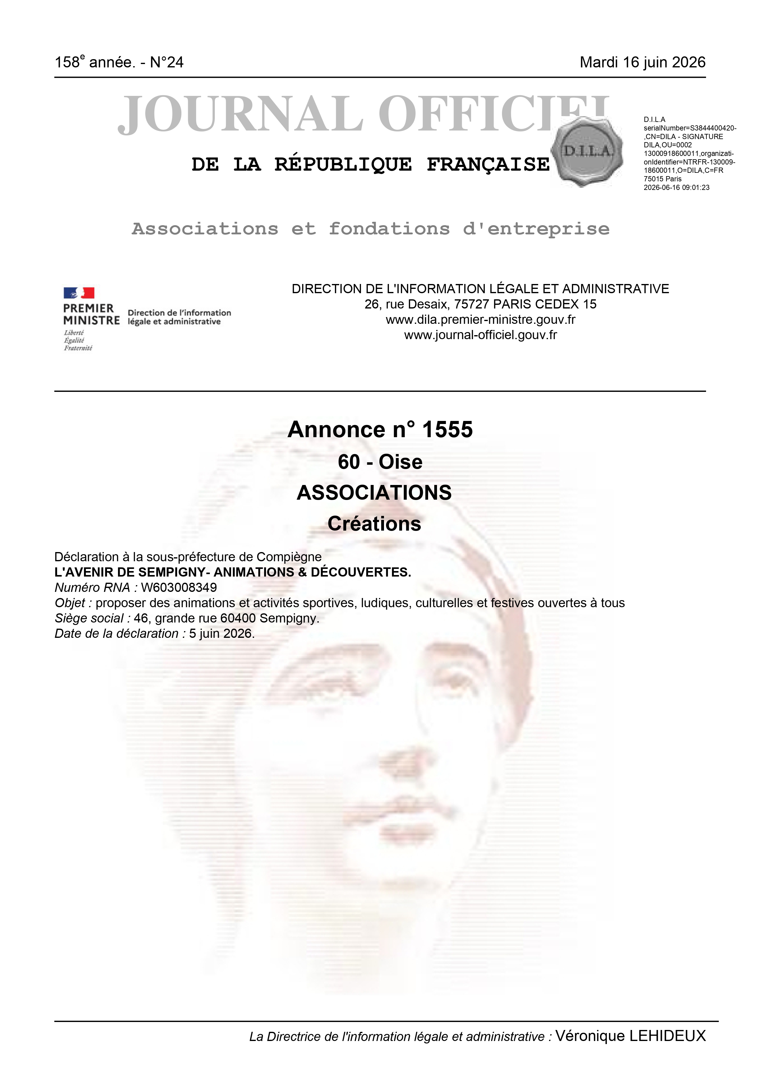 NOTRE ASSOCIATION AU JOURNAL OFFICIEL !